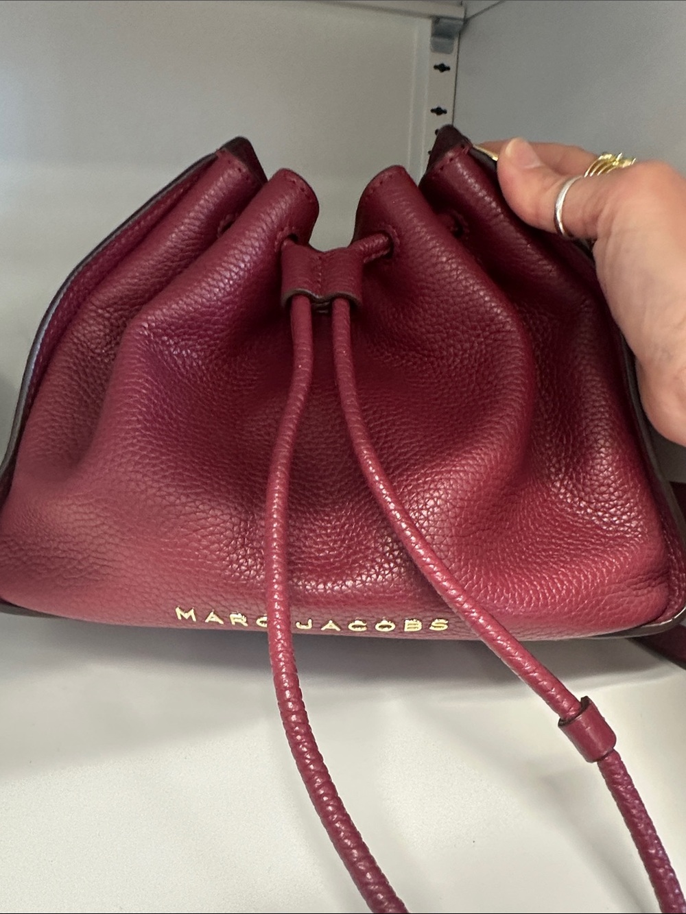 Marc Jacobs Pebbled Leather Drawstring Bucket Bag in Burgundy